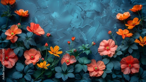  a group of orange and red flowers on a blue and gray background with water drops on the glass behind them.