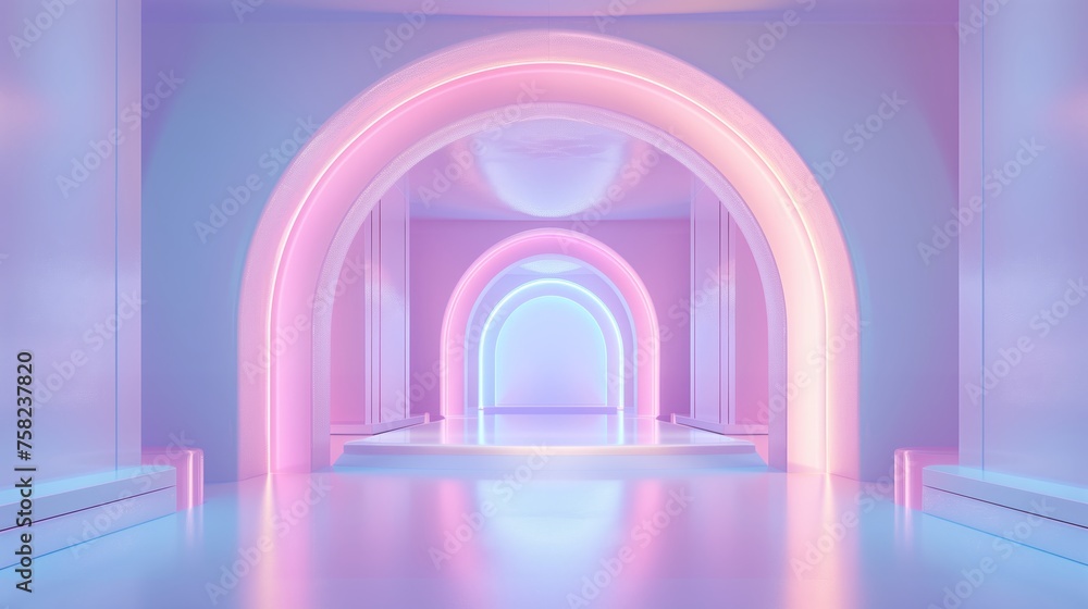 3D render of a podium with holographic light effects, a pink and blue gradient background. In the futuristic style, soft lighting, pastel colors, a minimalistic design, a shiny surface. Generated by a 3D render of a podium with holographic light effects, a pink and blue gradient background. In the futuristic style, soft lighting, pastel colors, a minimalistic design, a shiny surface. Generated by a