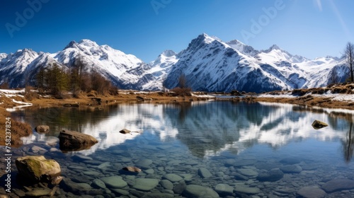 Crystalclear lake with snow capped mountains in scenic view © stocksbyrs
