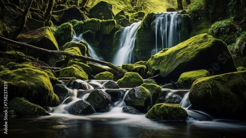 Pristine waterfall with green moss and rocks in nature