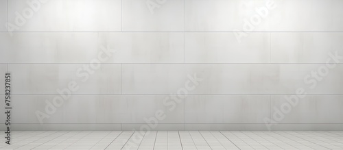 A rectangular room with parallel wooden flooring and grey tinted walls in a symmetrical pattern. Hardwood floors contrast against the white tiled walls