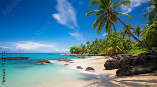 Tropical beach landscape with palm trees and turquoise sea and blue sky
