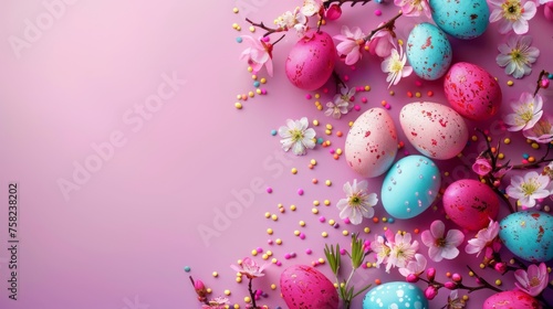 Easter decoration. Colorful eggs and floral elements on pink background with copy space. Beautiful colorful easter eggs. Happy Easter. Isolated.	