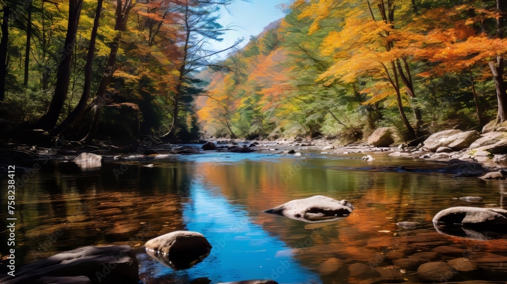 Obraz premium Vibrant fall foliage and tranquil river in nature