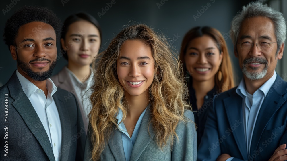 A happy diverse professional business team is standing in the office looking at the camera. Young and old, reusable workers. A happy diverse professional business team is standing in the office looking at the camera. Young and old, reusable workers.