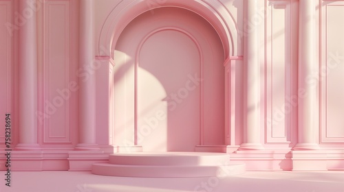 A pink minimalistic podium with arch in the background. Pastel pink colors, soft lighting, simple shapes, digital art. Generated by artificial intelligence.