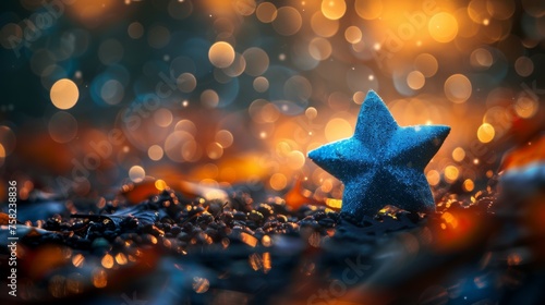  a small blue star sitting on top of a pile of gold and silver glittered rocks in the night sky.