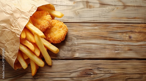 Top view of traditional chicken nuggets and french fries on light wooden table with room for text