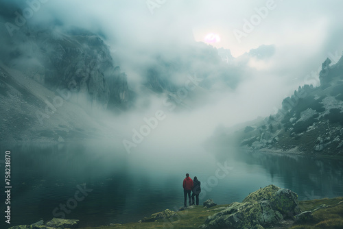 People taking fresh breeze in Foggy Lake on Mountain in the Morning.AI generated © Ammad