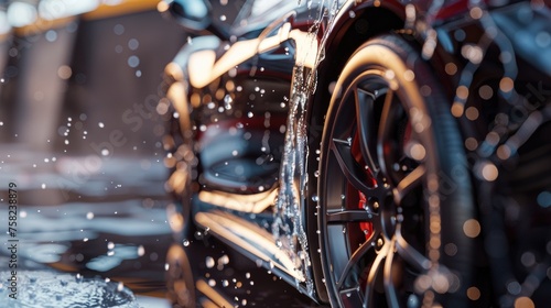 Sportscar at High-End Car Wash, luxurious black sports car receiving a high-end wash, water droplets glistening on its shiny surface