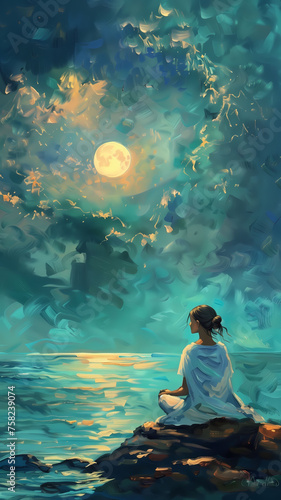 Moonlit serenity by the sea with pensive figure