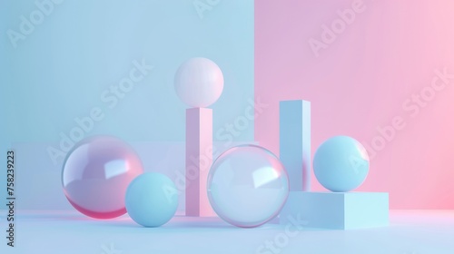 Abstract geometric shapes with glossy spheres on a pink and blue background. 3D digital illustration of a minimalist art