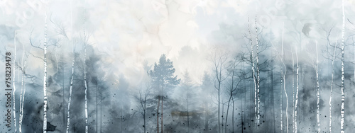Forest with birch trees on foggy autumn or winter day  watercolor painting style.