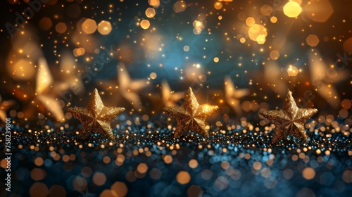  a group of gold stars sitting on top of a blue and gold glitter covered ground with lights in the background. © Shanti