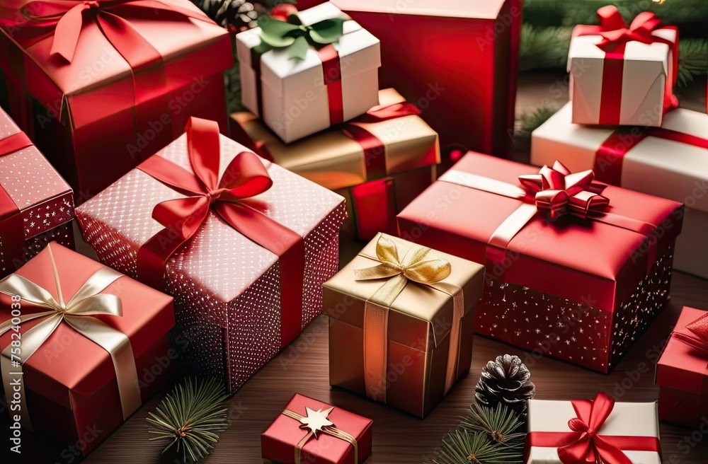 Obraz premium Set of some gift boxes. Happy Birthday concept. Christmas. Happy woman's day. Mothers Day. Front view.