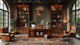 Elegant Vintage Home Office with Classic Wooden Furniture and Cozy Ambience