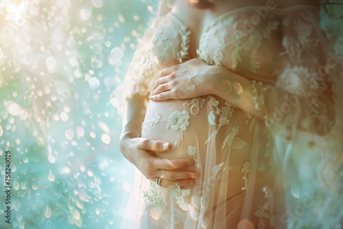 Sunlit maternity image with delicate floral gown