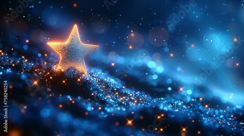  a close up of a star on a blurry background with stars in the foreground and blurry lights in the background.