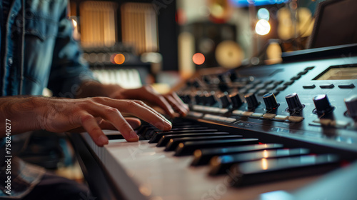 Close-up on a music producer's hands while playing a synthesizer keyboard