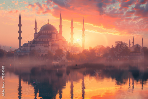 Mosque at sunrise.AI generated