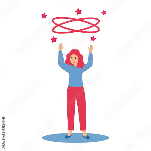 Woman dizziness. Woman drunk headache hangover, faint sick disorganized lady, tired face feel dizzy migraine, cartoon character vector illustration. Stress migraine headache