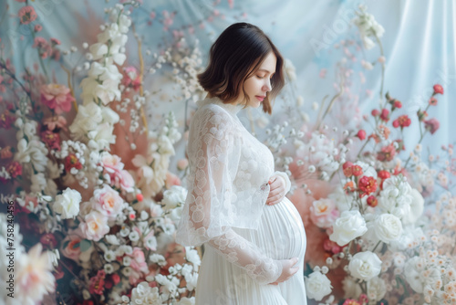 Elegant pregnant woman with floral backdrop