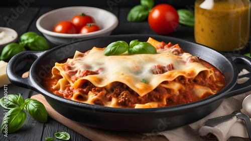 Italian homemade Lasagna Soup with ground beef, tomato, pasta, basil, garlic and cheese. Top view with copy space on rustic wooden table, boards.