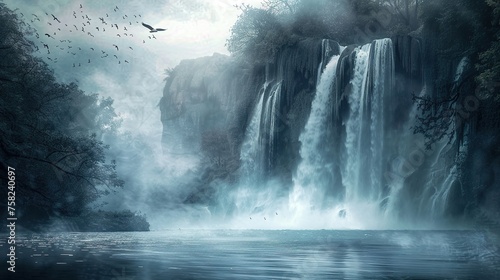 A dramatic waterfall scene with a small cave behind the water, and a few birds flying overhead. The scene is bathed in a soft, ethereal light, and the mist rises up into the air. © Ai Studio
