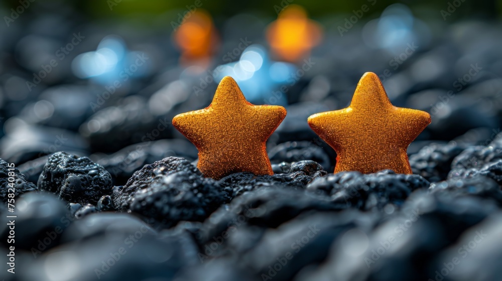 a pair of gold stars sitting on top of a pile of black rocks in the middle of a field of blue rocks. a pair of gold stars sitting on top of a pile of black rocks in the middle of a field of blue rocks.