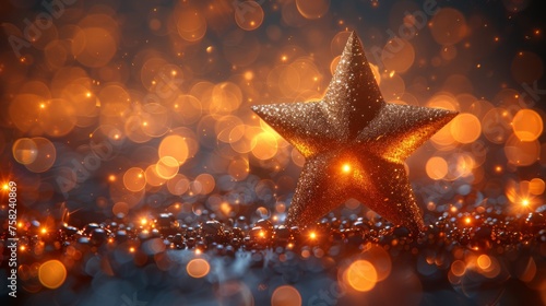  a close up of a star on a blurry background with a boke of lights in the foreground.