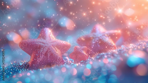  a group of pink stars sitting on top of a pile of blue and pink glitter next to a star shaped object.