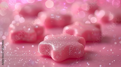  a close up of a star shaped candy on a pink surface with a lot of glitter on the top of it.