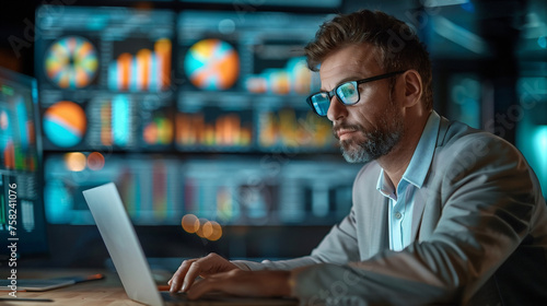 Businessman sitting in office, work on laptop on analyzing, analytic.