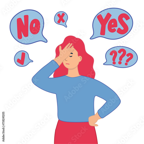 Young girl stands embarrassed to choose YES or NO, flat style cartoon character vector illustration. The concept of choice, choice, response, response, acceptance of failure. 