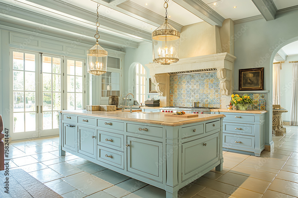 Luxurious Large Kitchen with Blue Cabinets and Fireplace Ambiance Luxurious Large Kitchen with Blue Cabinets and Fireplace Ambiance