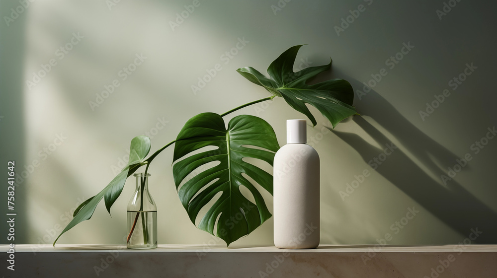 Mock-up de produits de salle de bain, cosmétique, bien-être. Fond de mur clair et feuilles tropicales, monstera. Pour conception et création graphique. Mock-up de produits de salle de bain, cosmétique, bien-être. Fond de mur clair et feuilles tropicales, monstera. Pour conception et création graphique.