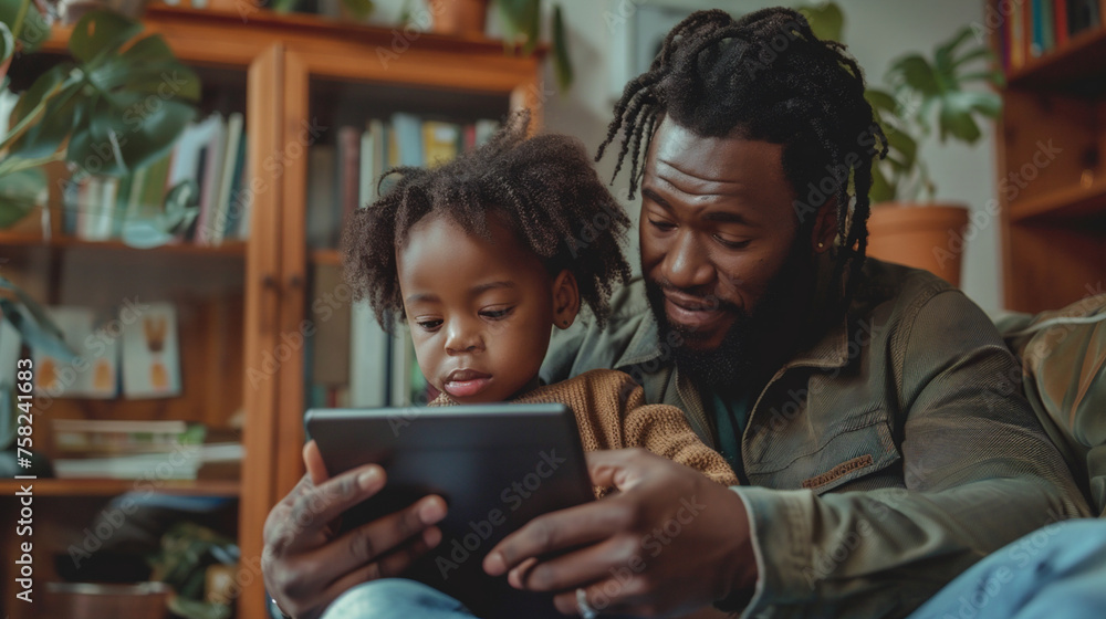 Father and child using digital tablet for e-learning. Education home digital device kid concept. Father and child using digital tablet for e-learning. Education home digital device kid concept.