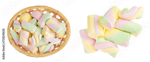 Colorful mini marshmallows in a wicker basket isolated on white background with full depth of field. Top view. Flat lay