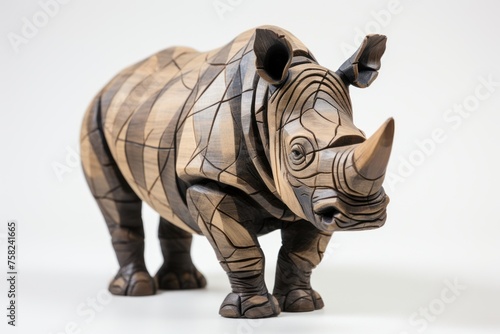 Detailed wooden rhinoceros sculpture on a clean white background