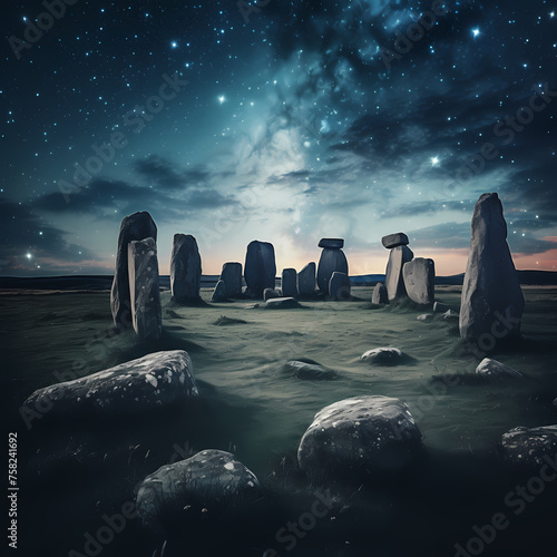 Ancient stone circle under a starry night sky. photo