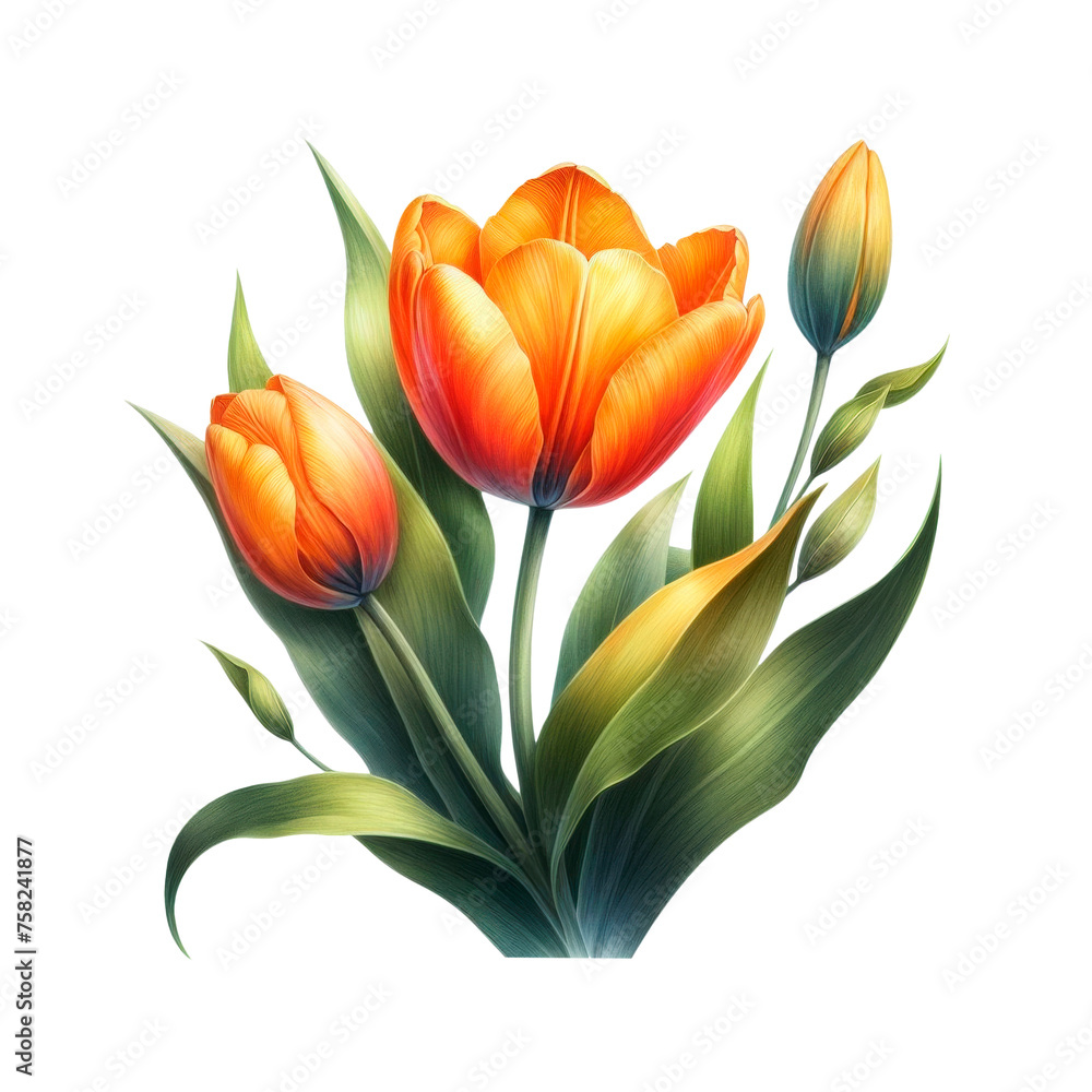 Fototapeta premium Orange color tulip flower illustration isolated on transparent background. AI Generative