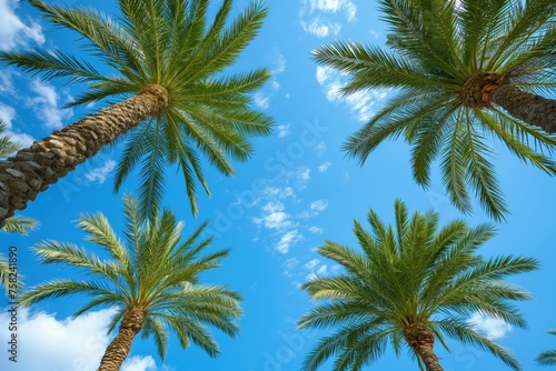 Looking up at towering palm trees against a vivid blue sky, concept of nature's grandeur and tropical climates