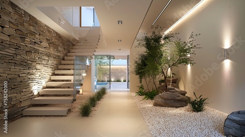 Architectural marvel: A captivating floating staircase against a stunning stone-clad backdrop. © Alex