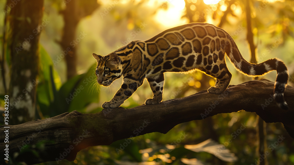 Leopardo nebuloso andando em um tronco de madeira na floresta  - obrazy, fototapety, plakaty 