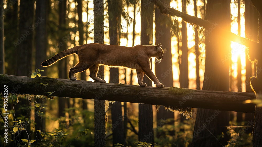 Puma andando em um tronco de madeira na floresta  - obrazy, fototapety, plakaty 