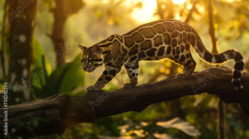 Leopardo nebuloso andando em um tronco de madeira na floresta 