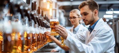 Modern beer production in steel brewery lab, technicians analyze for scientific brand