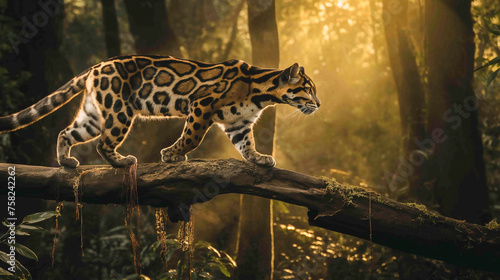 Leopardo nebuloso andando em um tronco de madeira na floresta 