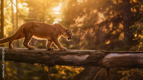 Puma andando em um tronco de madeira na floresta 