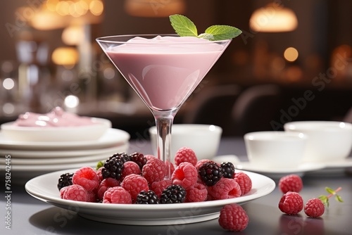 Captivating display of vibrant pink cocktails with fresh berries, mint, and white plate